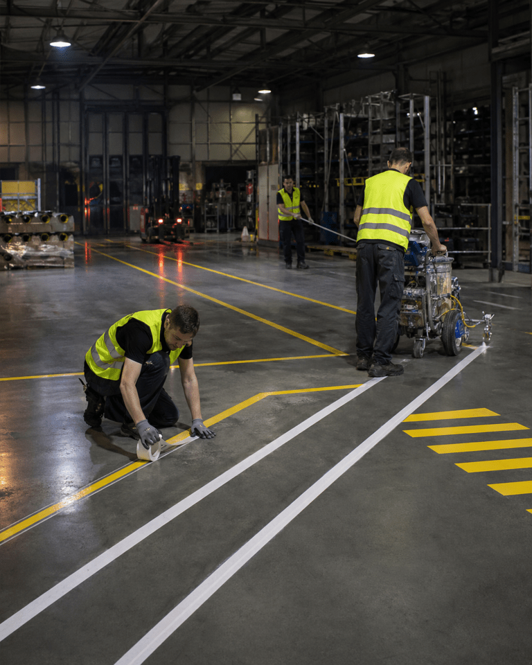 Bodenmarkierungen im laufenden Betrieb - Männer verlegen Bodenmarkierungen bei Nacht