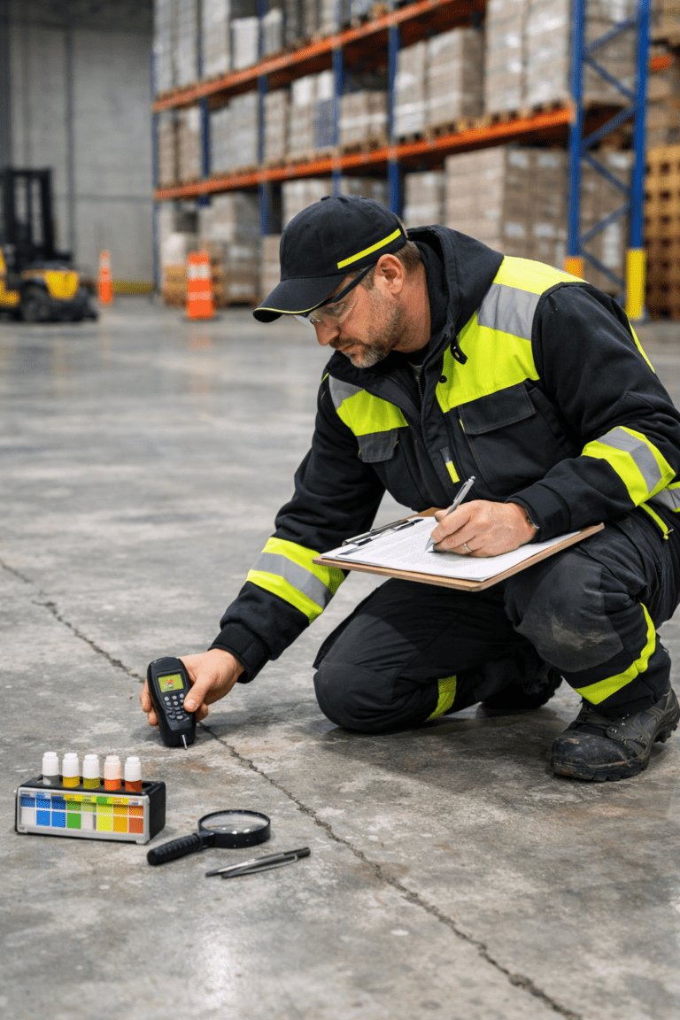 ein Fachmann für Bodenmarkierungen analysiert den Untergrund